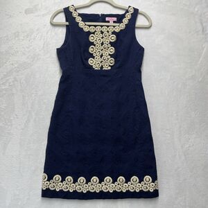 Lilly Pulitzer Dress Size 0 Adelson Shift Navy Blue Gold Jacquard Thick Cotton